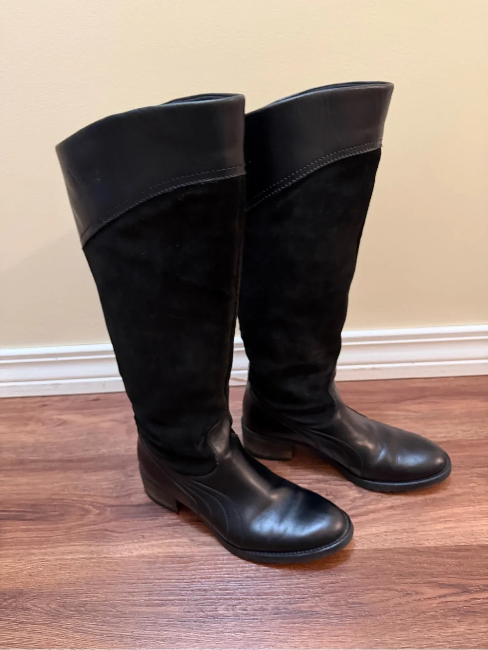 Puma Black Leather and Suede Over-The-Knee Boots